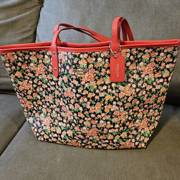 Coach Floral Print Tote Bag - Red and Black - Picture 1 of 4